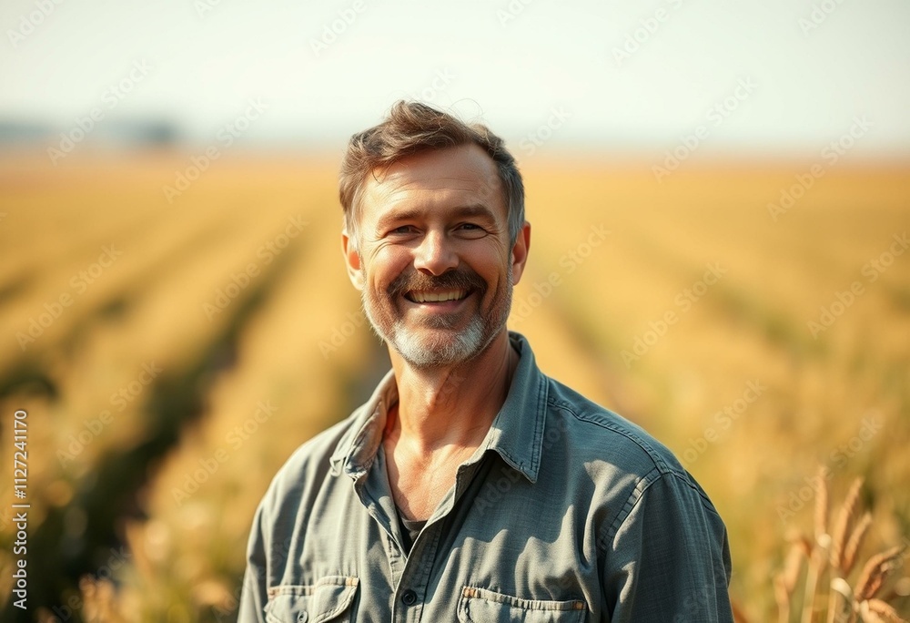 A smiling farmer standing in a sunny field, with a hint of satisfaction A smiling farmer standing in a sunny field, with a hint of satisfaction