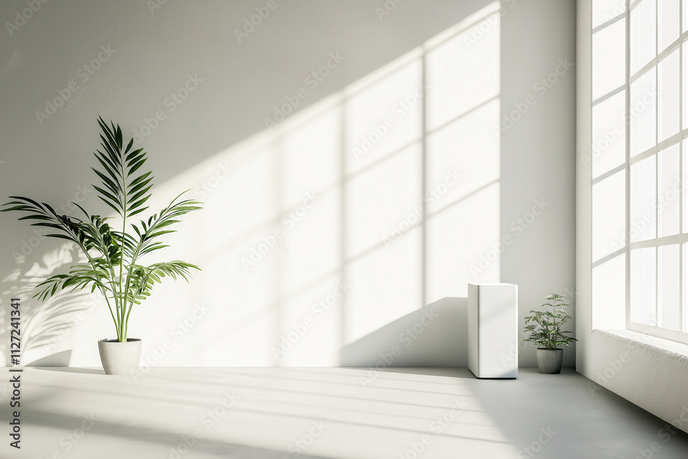 Minimalist interior with sunlight and potted plants in a spacious room Minimalist interior with sunlight and potted plants in a spacious room