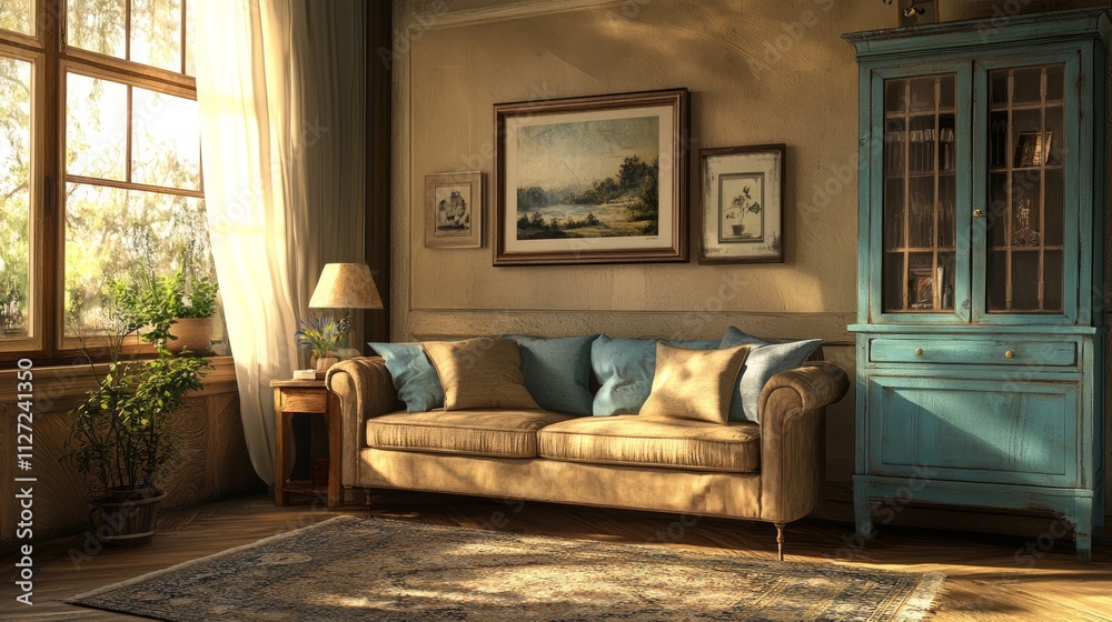 Sunlit living room with antique furniture, sofa, and paintings. Sunlit living room with antique furniture, sofa, and paintings.