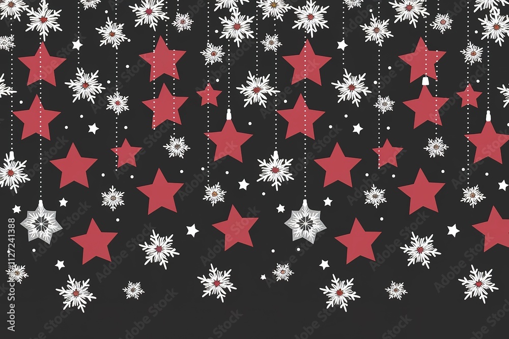 A black background with white snowflakes and red stars A black background with white snowflakes and red stars