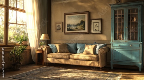 Sunlit living room with antique furniture, sofa, and paintings.