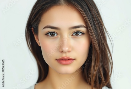 A calm and serene half-length portrait of a young adult woman with a neutral expression.