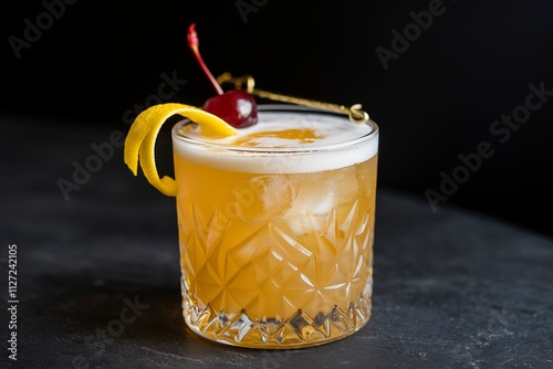a glass containing a tasty whiskey sour cocktail.