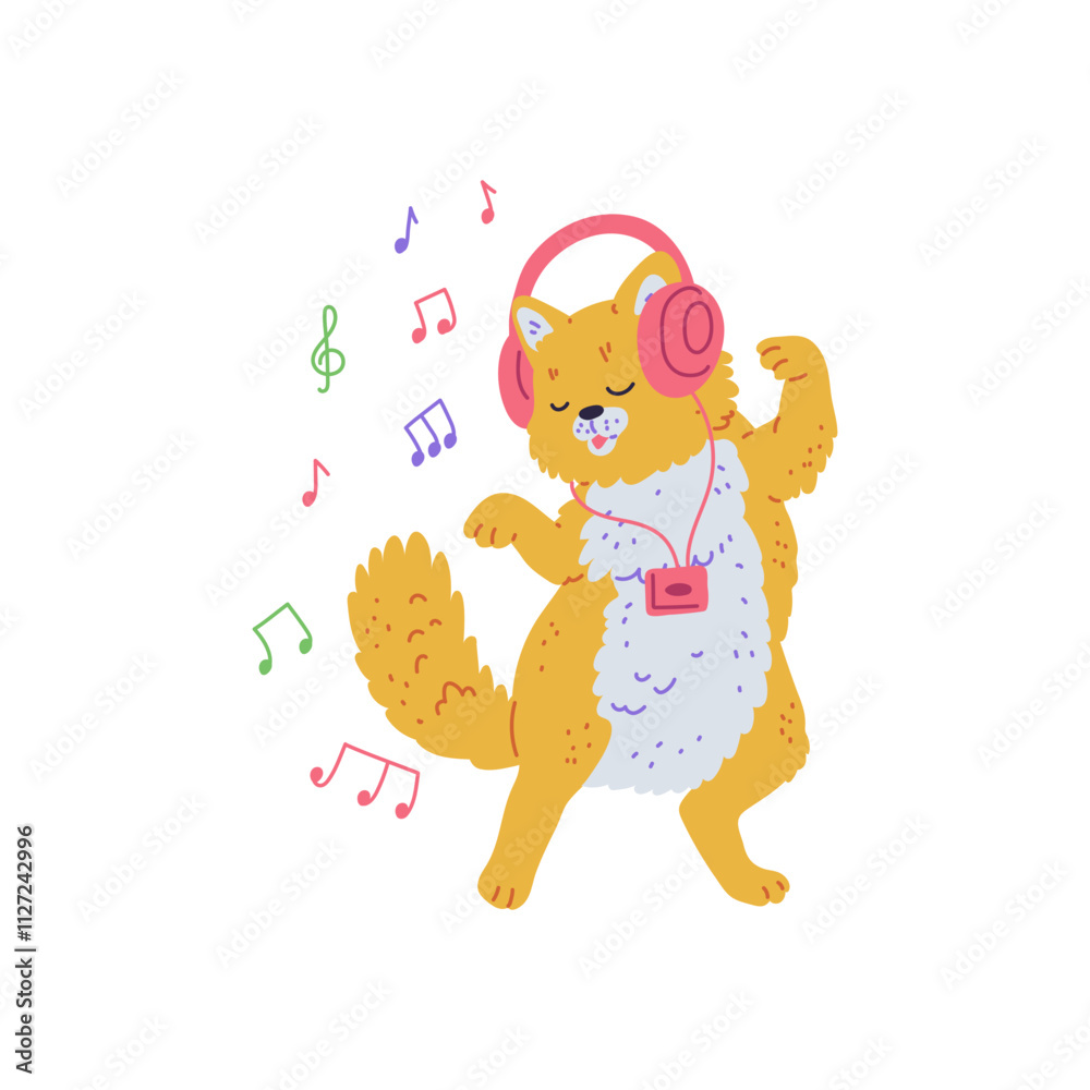 Vector illustration of a dancing cat with a yellow color in headphones with a player Vector illustration of a dancing cat with a yellow color in headphones with a player