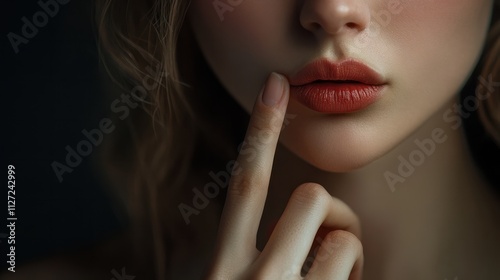 Finger on lips - silent gesture, Woman holding her finger to her lips in a gesture for silence. photo