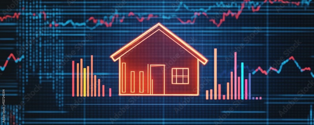 Fototapeta premium A digital illustration showing a house surrounded by graphs, representing household finance analysis