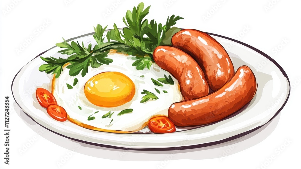 A vibrant breakfast plate with two fried eggs, crispy sausages, and a garnish of fresh herbs, set against a minimalist white background. A vibrant breakfast plate with two fried eggs, crispy sausages, and a garnish of fresh herbs, set against a minimalist white background.
