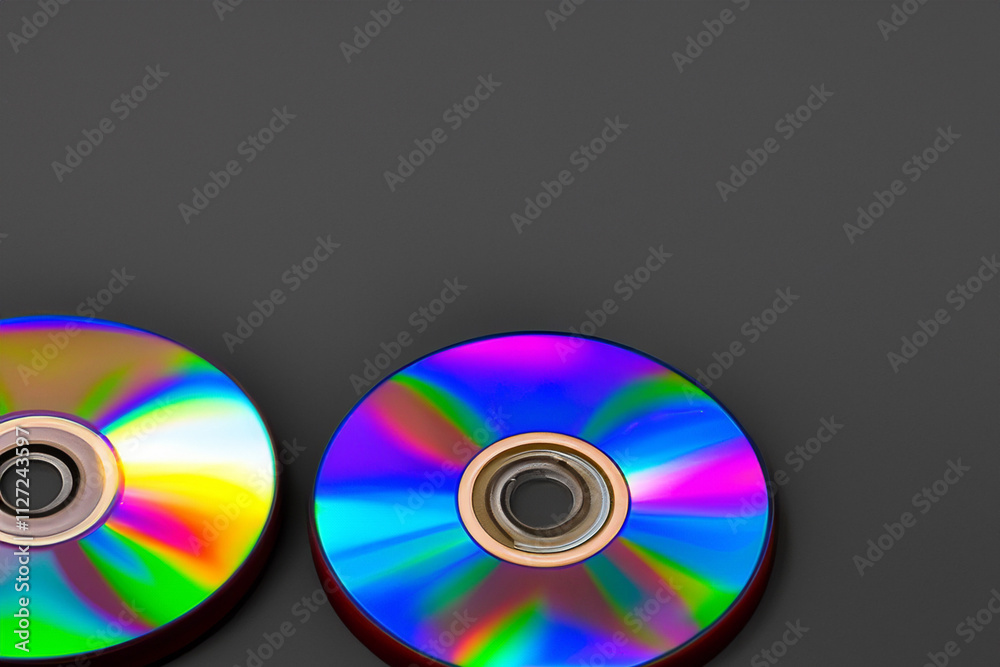 Two cd's with rainbow colored discs on background. Black disk with cd background. Colored disks lying on a black background. A black disk lying on a black background lifestyle with a cd. Two cd's with rainbow colored discs on background. Black disk with cd background. Colored disks lying on a black background. A black disk lying on a black background lifestyle with a cd.