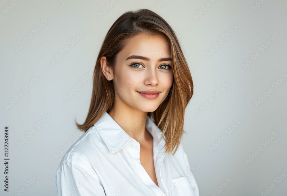 Half-length portrait of a young woman with a neutral expression Half-length portrait of a young woman with a neutral expression