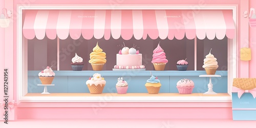 there are many cupcakes and cakes on display in a window photo