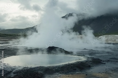 A hot spring in Iceland, surrounded by steam and geysers under cloudy skies.