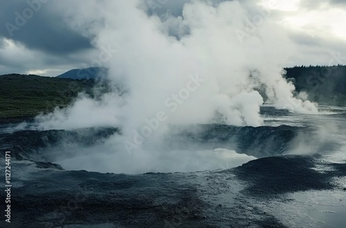 A hot spring in Iceland, surrounded by steam and geysers under cloudy skies.