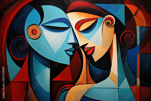 Abstract cubist artwork of two faces embracing, with bold geometric shapes and contrasting blue and red color palettes creating visual harmony