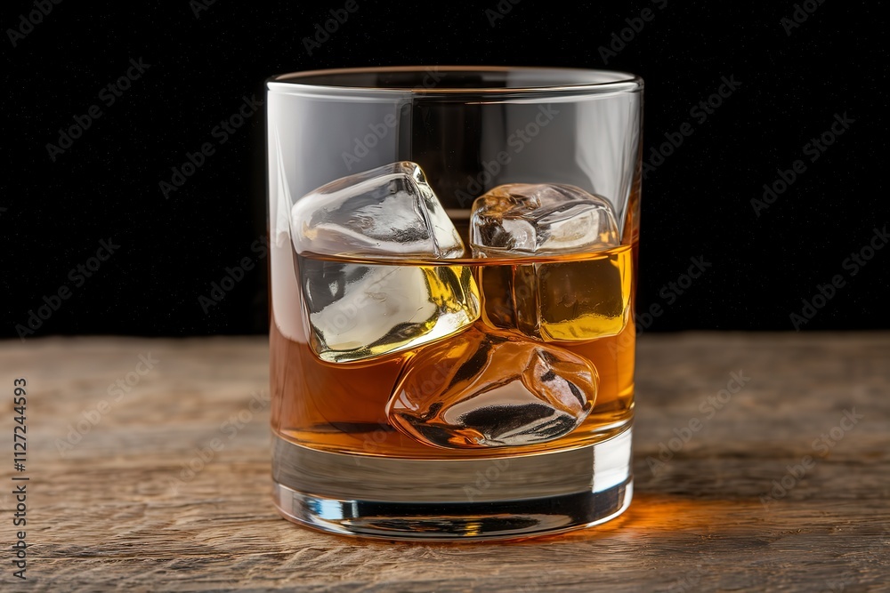 A photo of a glass of whiskey with ice on a black background A photo of a glass of whiskey with ice on a black background
