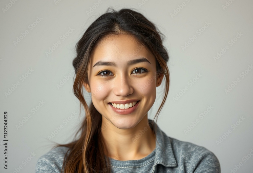 Half-length portrait of a young female with a warm and inviting smile Half-length portrait of a young female with a warm and inviting smile