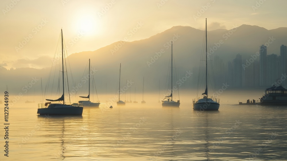 Sailboats Glide on Calm Waters at Sunrise Over Misty Mountains
