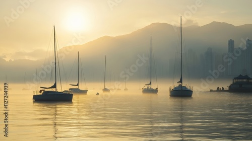 Sailboats Glide on Calm Waters at Sunrise Over Misty Mountains