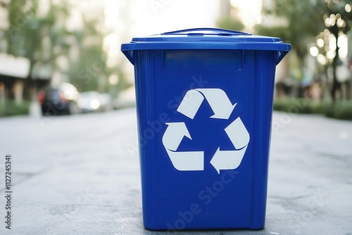 A blue recycling bin with a white recycling symbol is placed on a street, promoting sustainability and waste management.