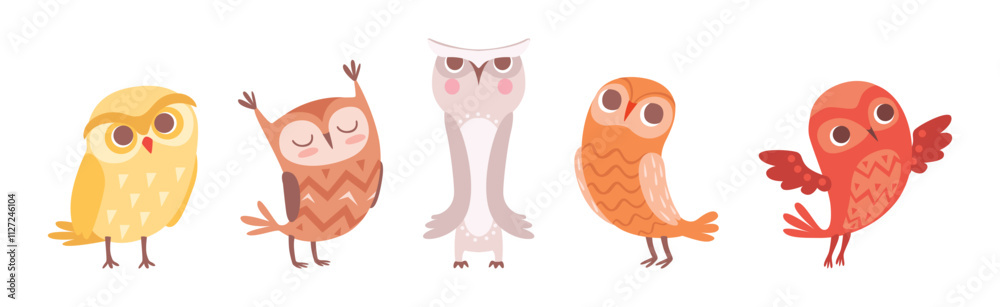 Obraz premium Cute Owl Bird with Feather and Wing Vector Set