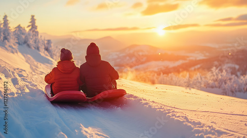 A couple sledding side by side down a snowy mountain slope at sunset.