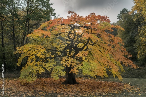 A photo of a Carya cordiformis tree with its leaves changing colour in autumn photo