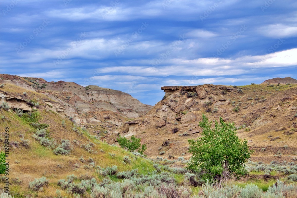 A stunning image of the rugged Badlands terrain featuring layered hills, eroded rock formations, and lush sagebrush vegetation under a vibrant blue sky. The dramatic geological features and golden gra A stunning image of the rugged Badlands terrain featuring layered hills, eroded rock formations, and lush sagebrush vegetation under a vibrant blue sky. The dramatic geological features and golden gra