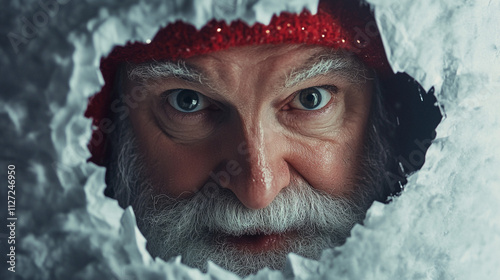 Senior Man s Face Peeking Through Torn Ice  Winter  Cold  Dramatic Portrait photo