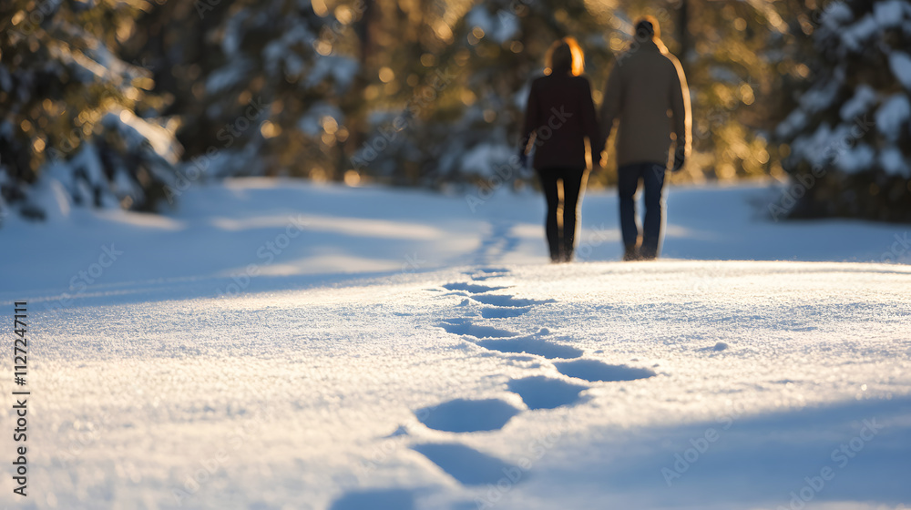 A couple walking hand in hand through a snow-dusted forest leaving footprints behind.