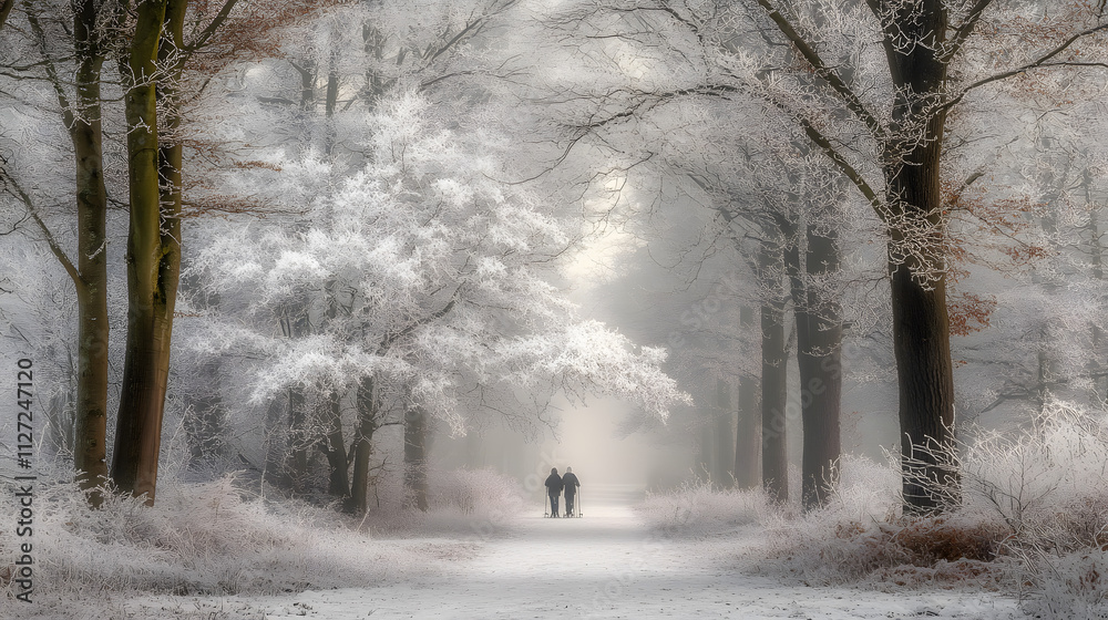 A couple snowshoeing through a quiet forest trail stopping to admire the frosted trees.