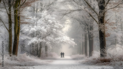 Obraz na płótnie A couple snowshoeing through a quiet forest trail stopping to admire the frosted trees. w salonie