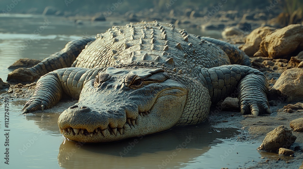 Obraz premium Close-up of a crocodile resting by the water's edge