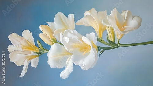 there are three white flowers in a vase on a blue background