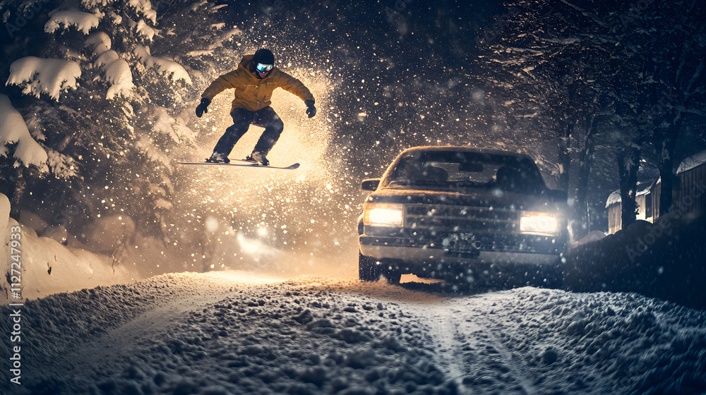 A daring skier catching air as they are towed by a car across a snowy jump.