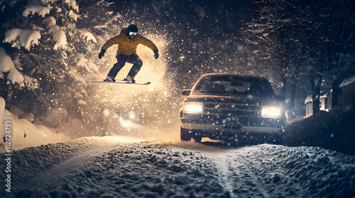 Obraz na płótnie A daring skier catching air as they are towed by a car across a snowy jump. w salonie
