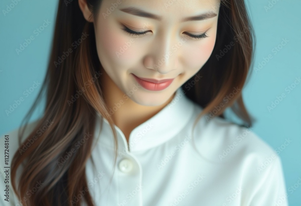 Half-length portrait of an Asian woman with a neutral expression Half-length portrait of an Asian woman with a neutral expression