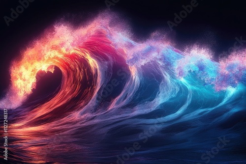 Fiery red and cool blue waves crash, creating a mesmerizing and surreal spectacle of light and energy.