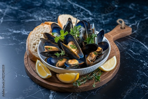 A photo of a plate of cooked mussels garnished with herbs and served with slices of bread