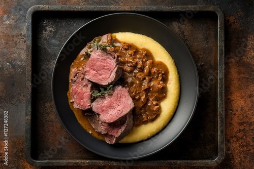 A photo of a plate of chunks of boiled beef meat with polenta and a spices and herbs sauce