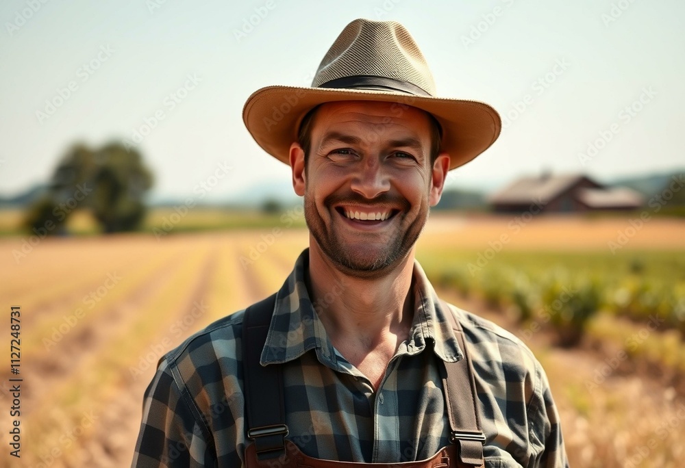 A farmer standing in a sunny field, smiling and proud of his work A farmer standing in a sunny field, smiling and proud of his work