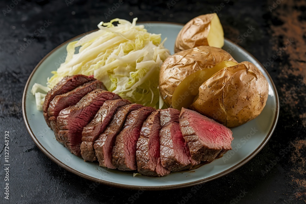 A photo of a plate with a sliced beef steak, baked potatoes, and shredded cabbage. A photo of a plate with a sliced beef steak, baked potatoes, and shredded cabbage.
