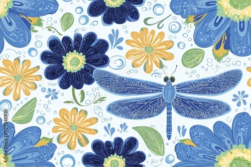 A vibrant floral pattern featuring blue flowers and a delicate dragonfly design. photo