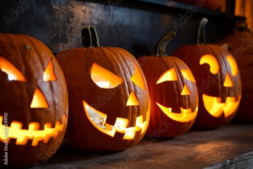 A photo of a row of five intricately carved pumpkins, each with a unique facial expression