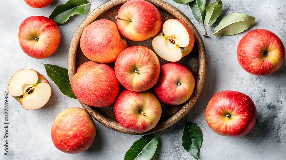 there are apples in a bowl with leaves and a few slices there are apples in a bowl with leaves and a few slices