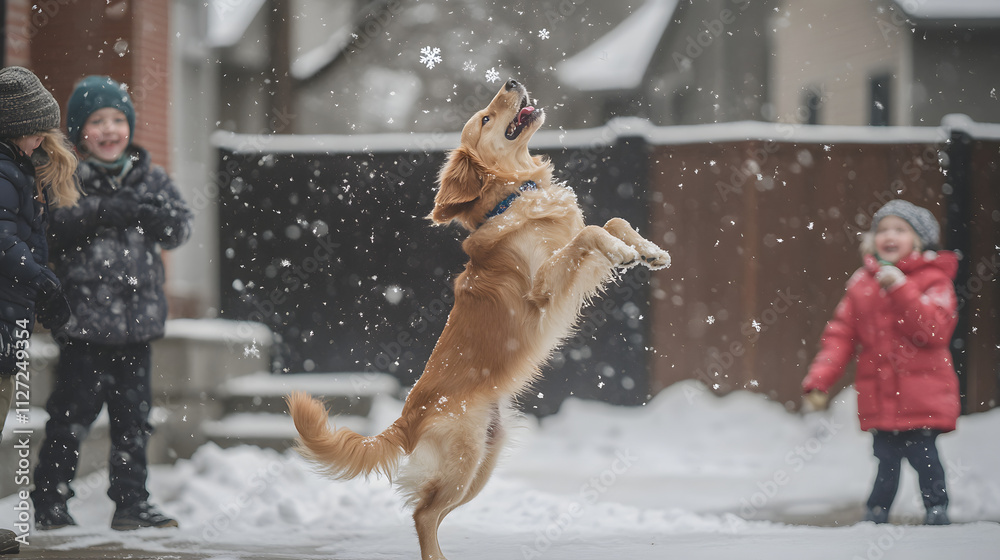 A dog jumping to catch snowflakes while kids giggle in the background.