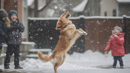 Obraz na płótnie A dog jumping to catch snowflakes while kids giggle in the background. w salonie