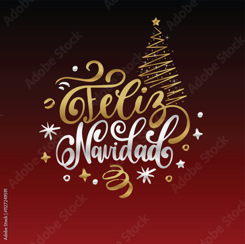 Feliz Navidad, handwritten phrase, translated from Spanish Marry Christmas. Vector New Year's Tinsel illustration