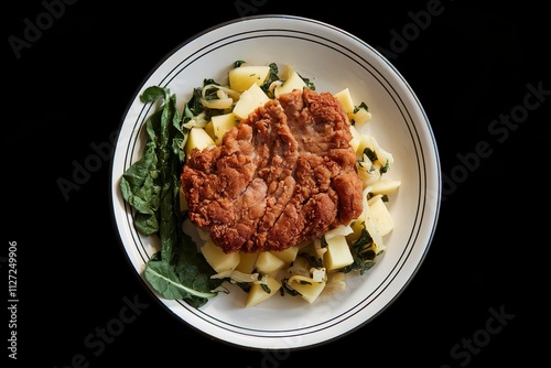 a plate with a fried meat, diced potato, and onion mixed with greens photo