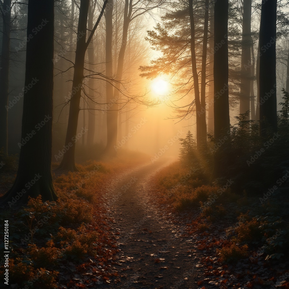 Fototapeta premium Path through forest with sunlight and mist