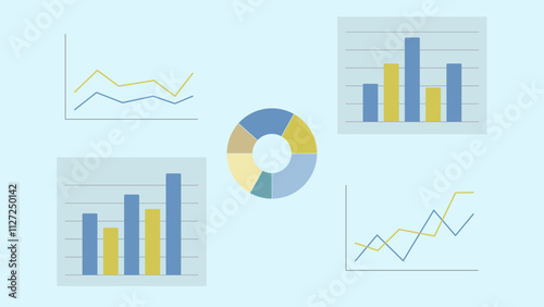 bar charts, line graphs, and a pie chart in blue and yellow tones on a light blue background