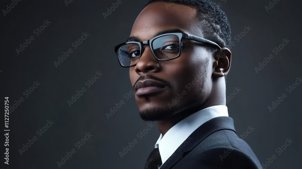 Fototapeta premium Serious businessman in glasses and suit looking over his shoulder against a dark gray backdrop in a portrait